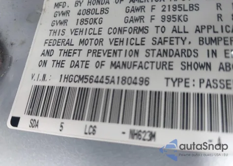 2005 Honda Accord 2.4 Lx из США, поврежденный, VIN 1HGCM56445A180496